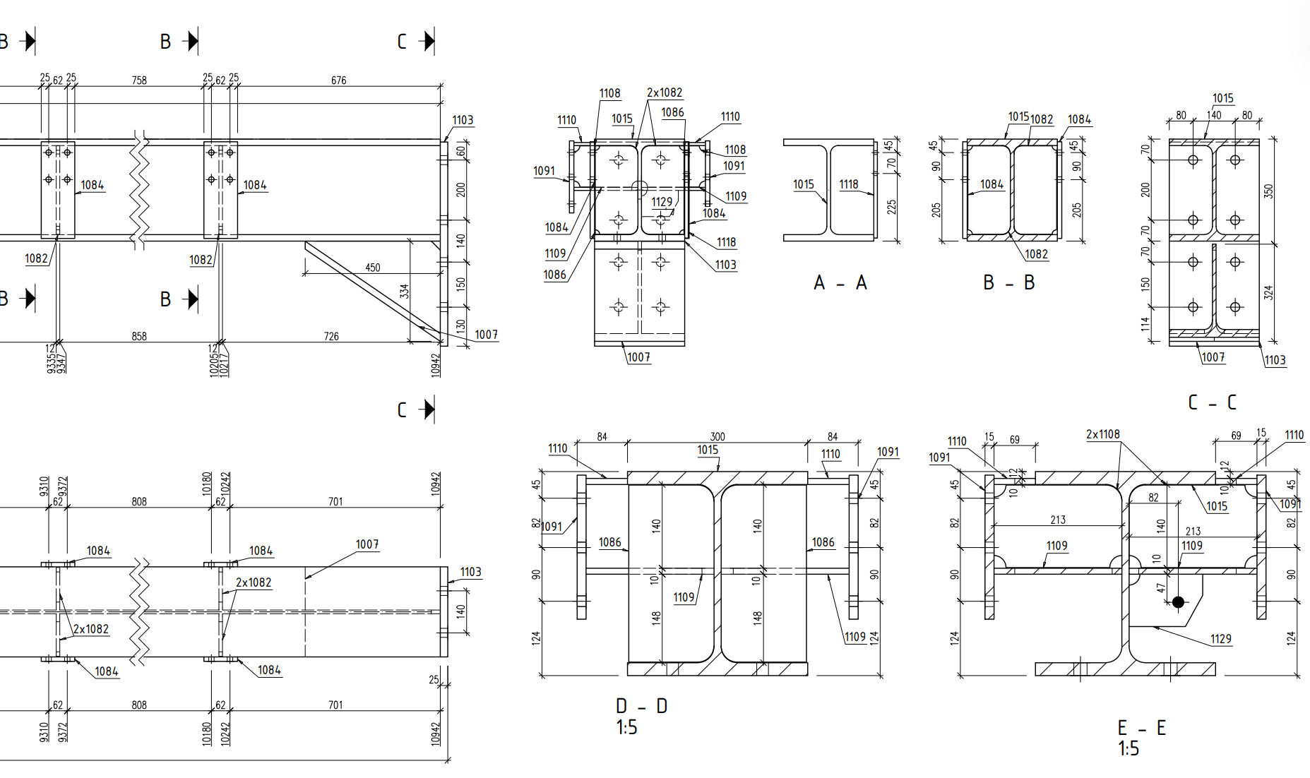 Detailplanung eines Trägeranschlusses mit Schnitten im Maßstab 1:5