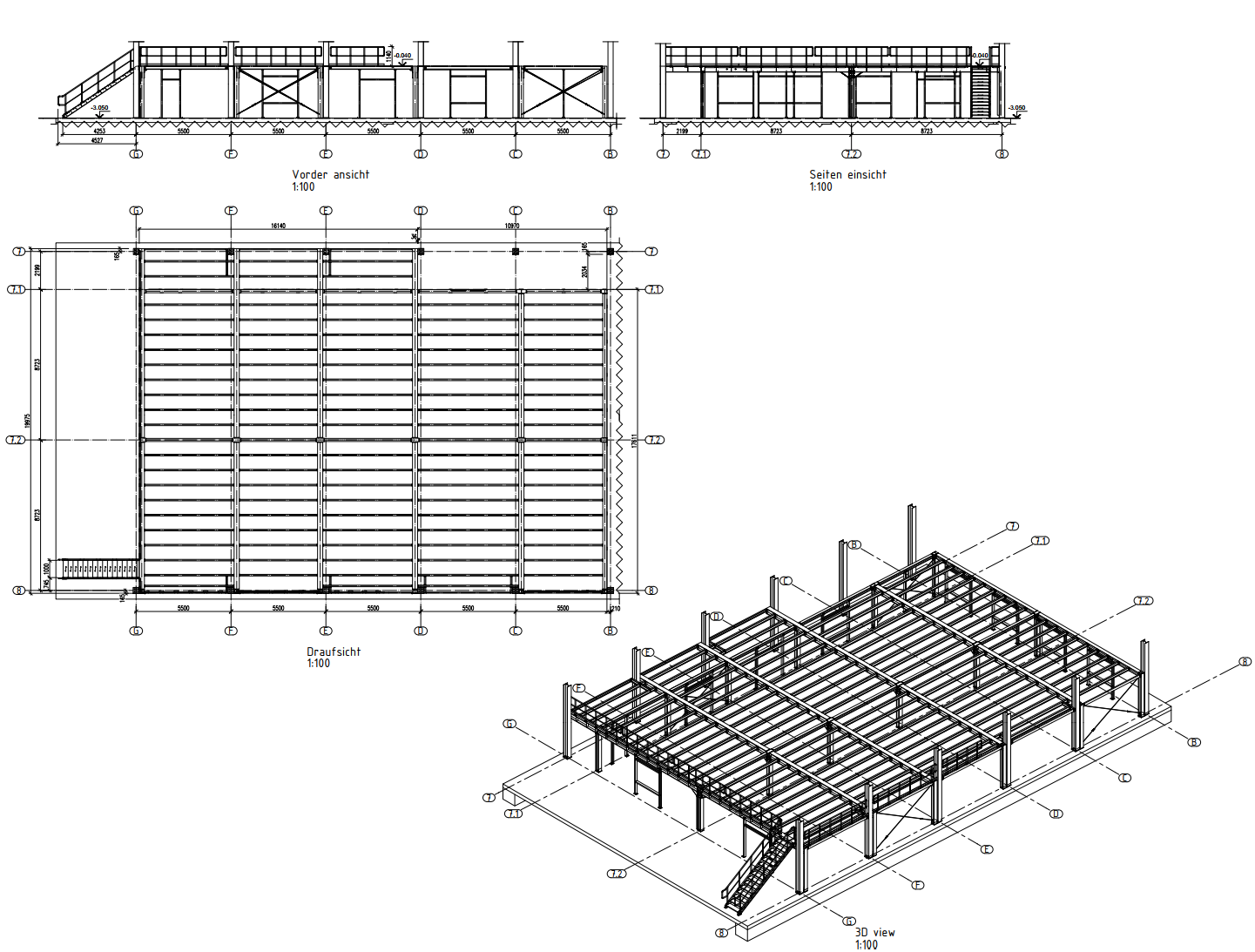 Montageplanung einer Stahlbühne mit Treppe: Vorderansicht, Seitenansicht, Draufsicht und 3D-Ansicht